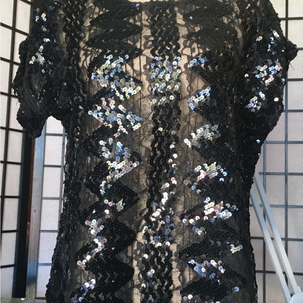 Black Sequin Mesh Short Sleeve Blouse